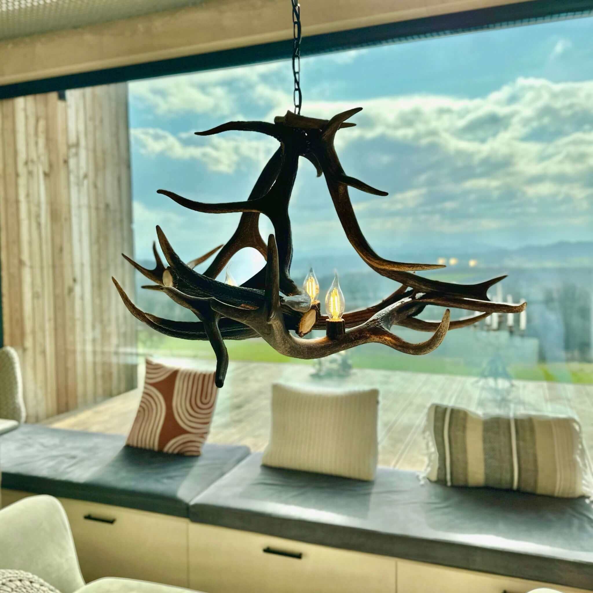 Deer antler chandelier in modern room.