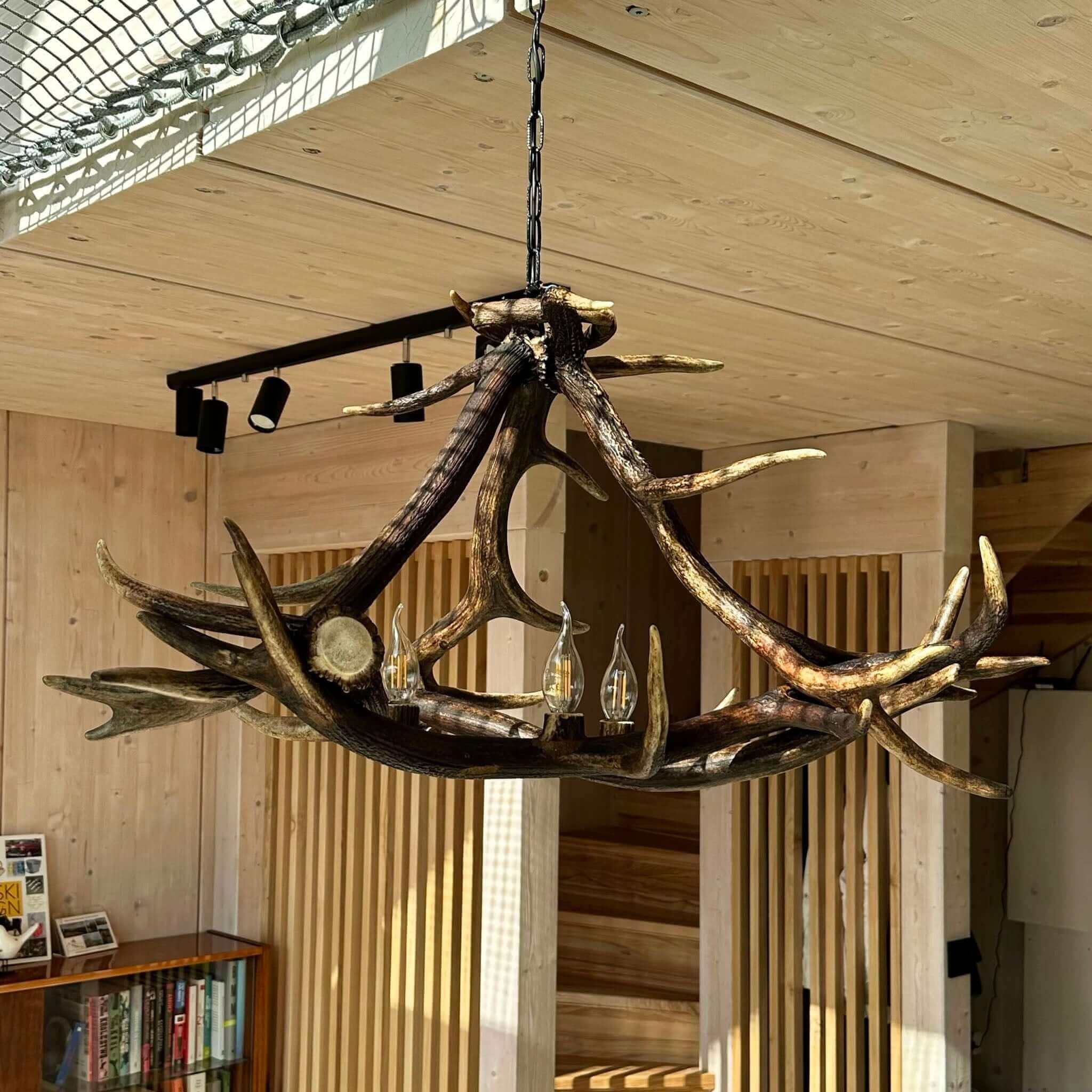 Antler chandelier in modern-rustic designed home.